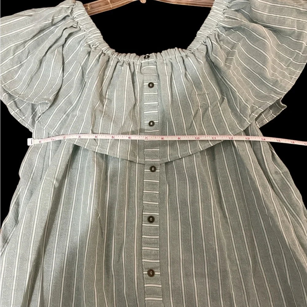 Umgee boho button front green white stripe ruffle top off shoulder dress S